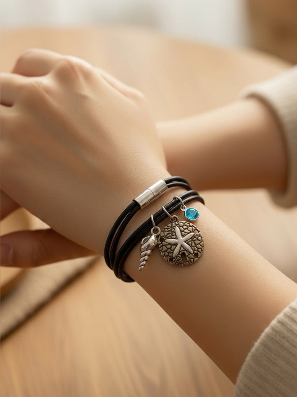 Sea Charm Black Leather Wrap Bracelet with Starfish and Turquoise Accent